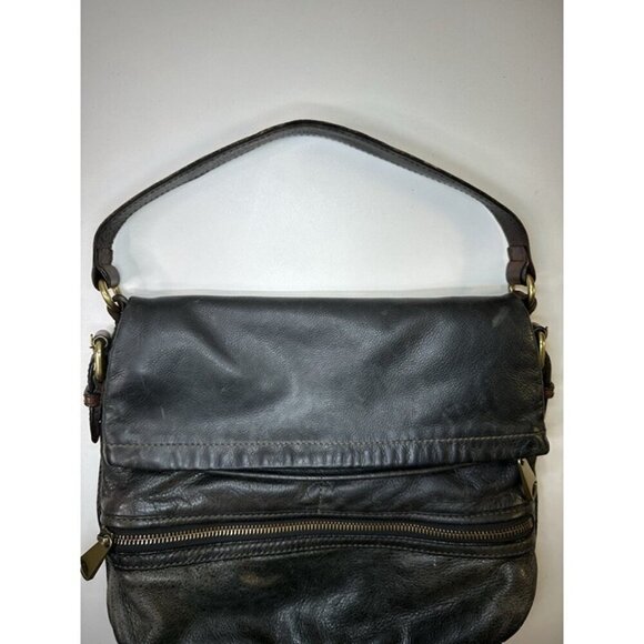 Vintage FOSSIL Explorer Foldover Leather Black&Brown Versatile Shoulder Bag EUC - Picture 5 of 12